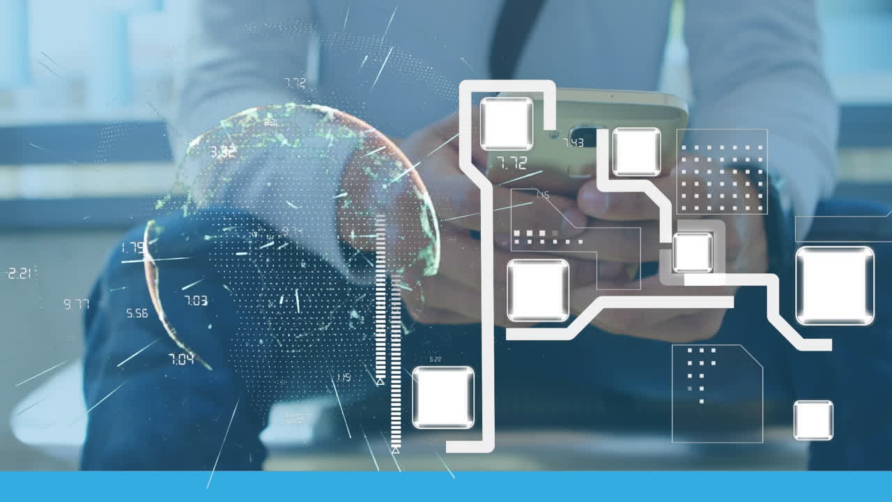 animación del globo y procesamiento de datos sobre un hombre de negocios que usa un teléfono inteligente