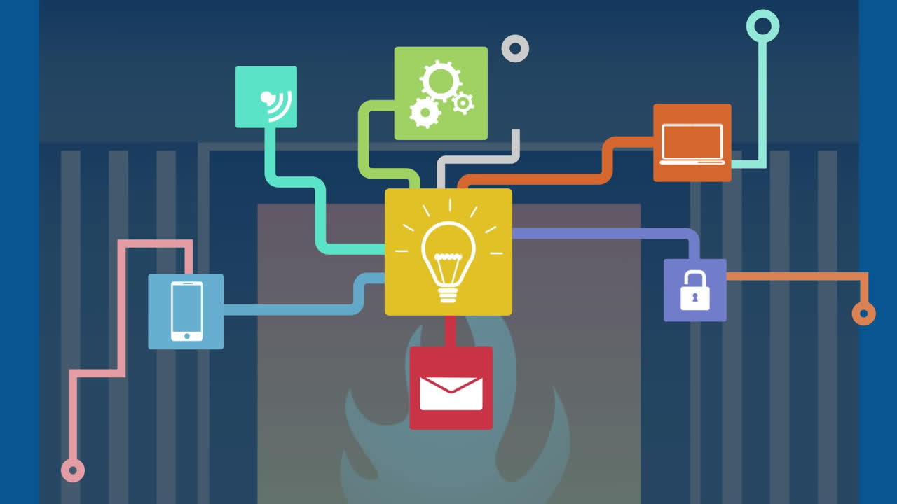 Animation of network of connections, firewall, statistics and data processing