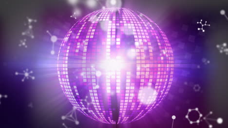 animation of moving networks, over glowing pink mirrorball