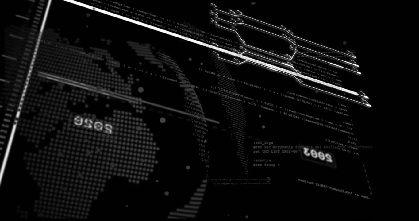 Scanning beam moving across rotating globe updating year tag while circuit pulsating showing data