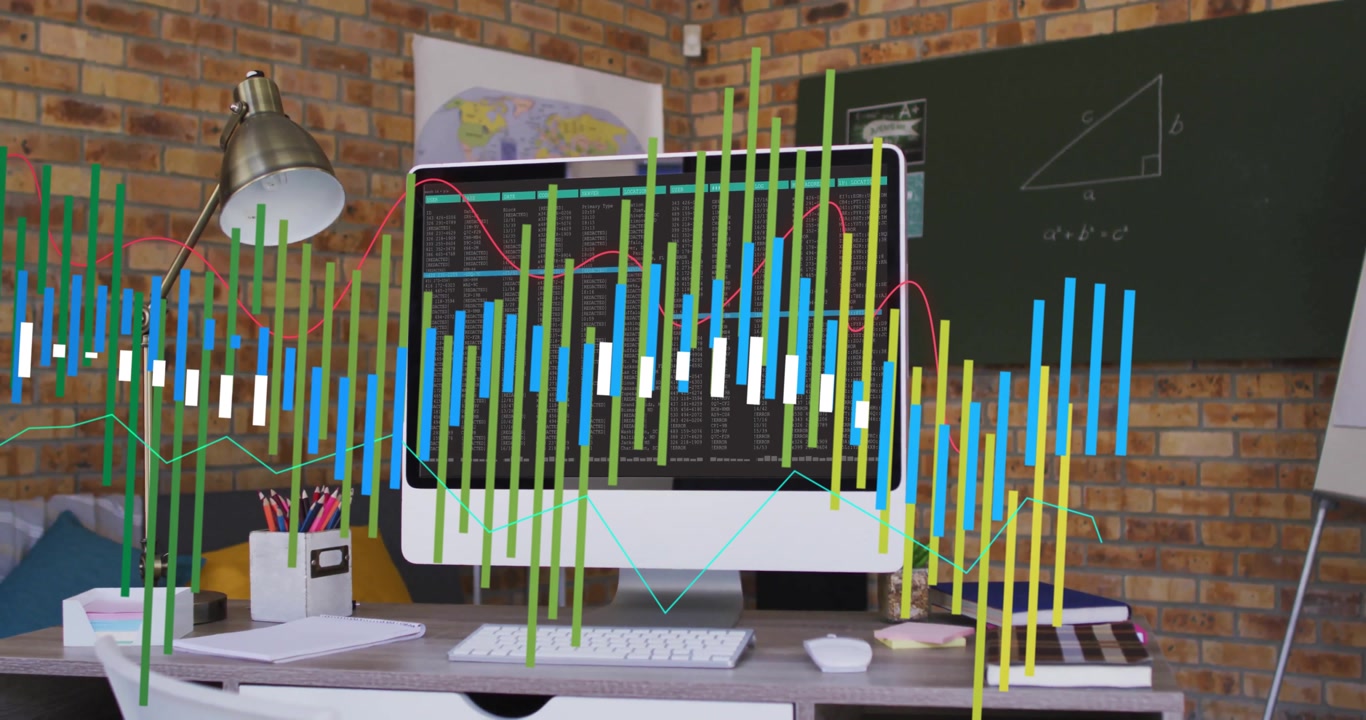 One second after startup, bars rising across desk with red line weaving, visualizing data trends