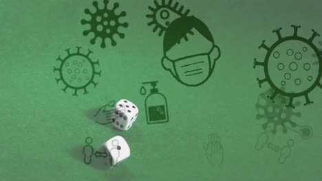 Animation-of-covid-19-cells-and-icons-over-two-dice-on-green-background