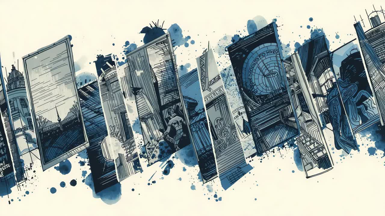Playback starting wide collage tilting and sliding on pale cream backdrop revealing clock face