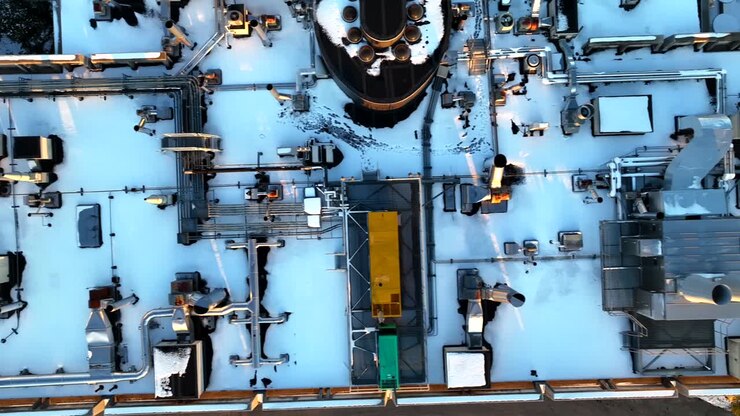 Aerial drone footage showing a top-down view of a snow-covered HVAC system on a building rooftop in Northampton during winter
