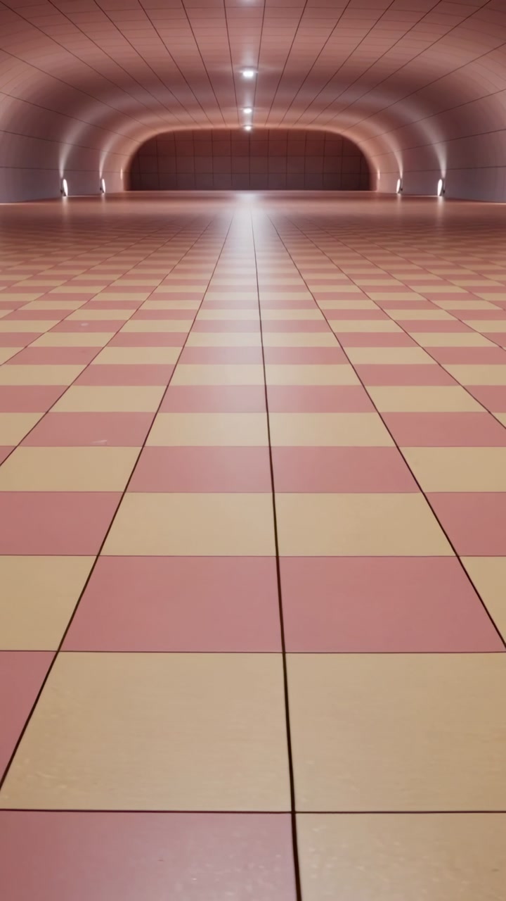 Vertical video: Moving camera toward corridor at low angle, revealing tiled floor toward lit portal