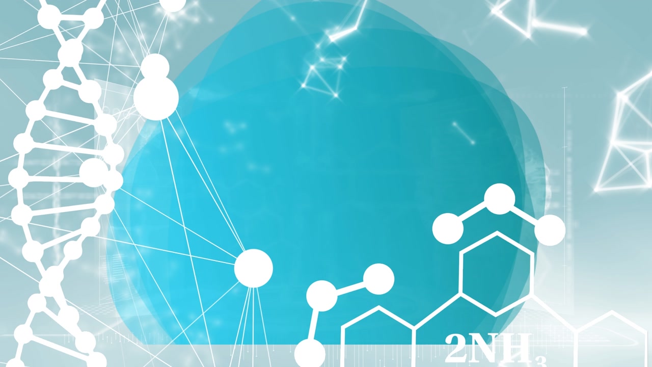 Animation of dna and chemical structures over blue banner with copy space against grey background
