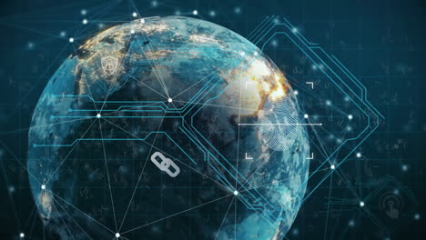Animation of data processing over globe and circuit board