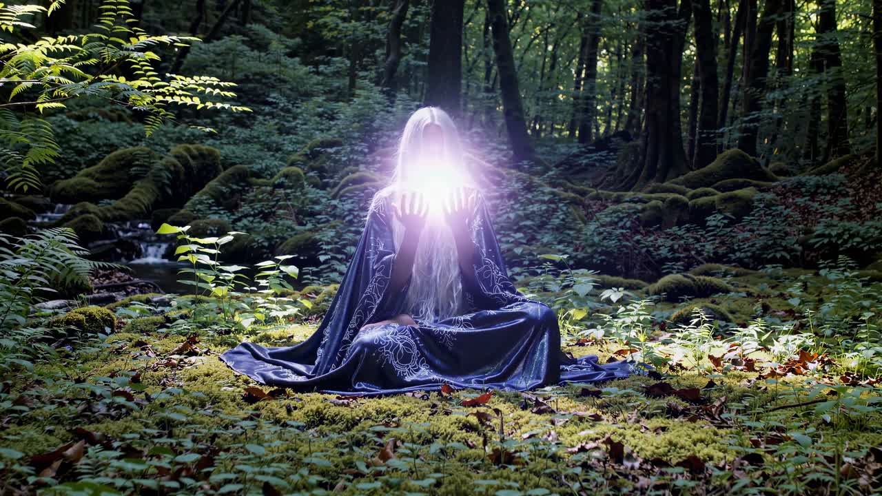 Una figura mistica in una foresta, seduta a gambe incrociate, con le mani luminose.