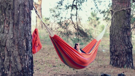 mujer joven usando teléfono inteligente en hamaca en el bosque