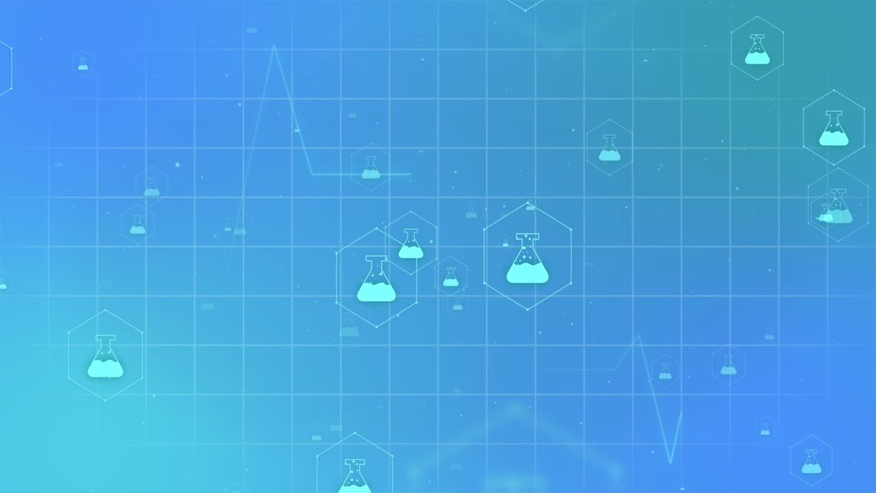 의료 아이콘의 애니메이션과 파란색 배경의 그리드 상의 데이터 처리