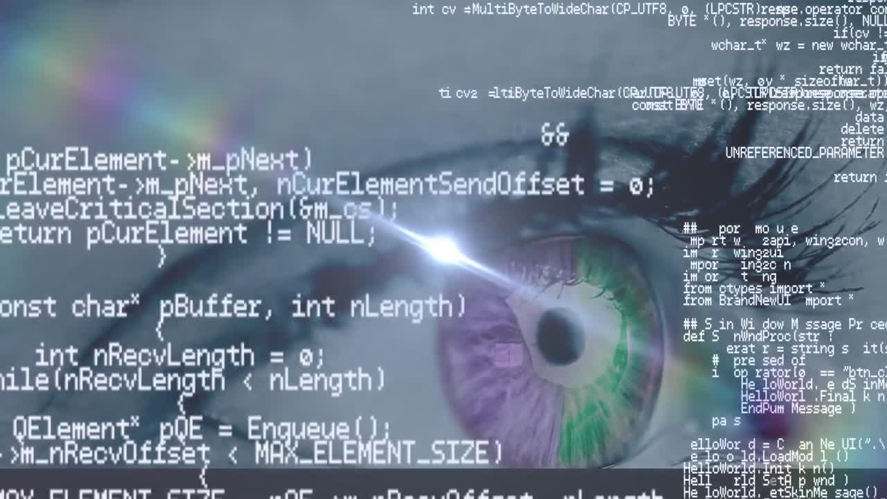 Animation of programming data processing over woman's eye