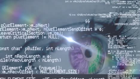 Animation of programming data processing over woman&#039;s eye