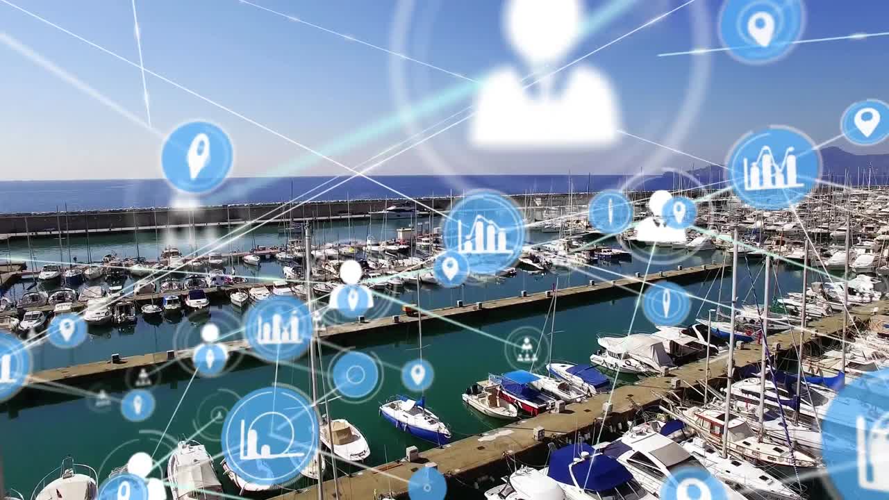 анимация сети соединений с иконками над пристани