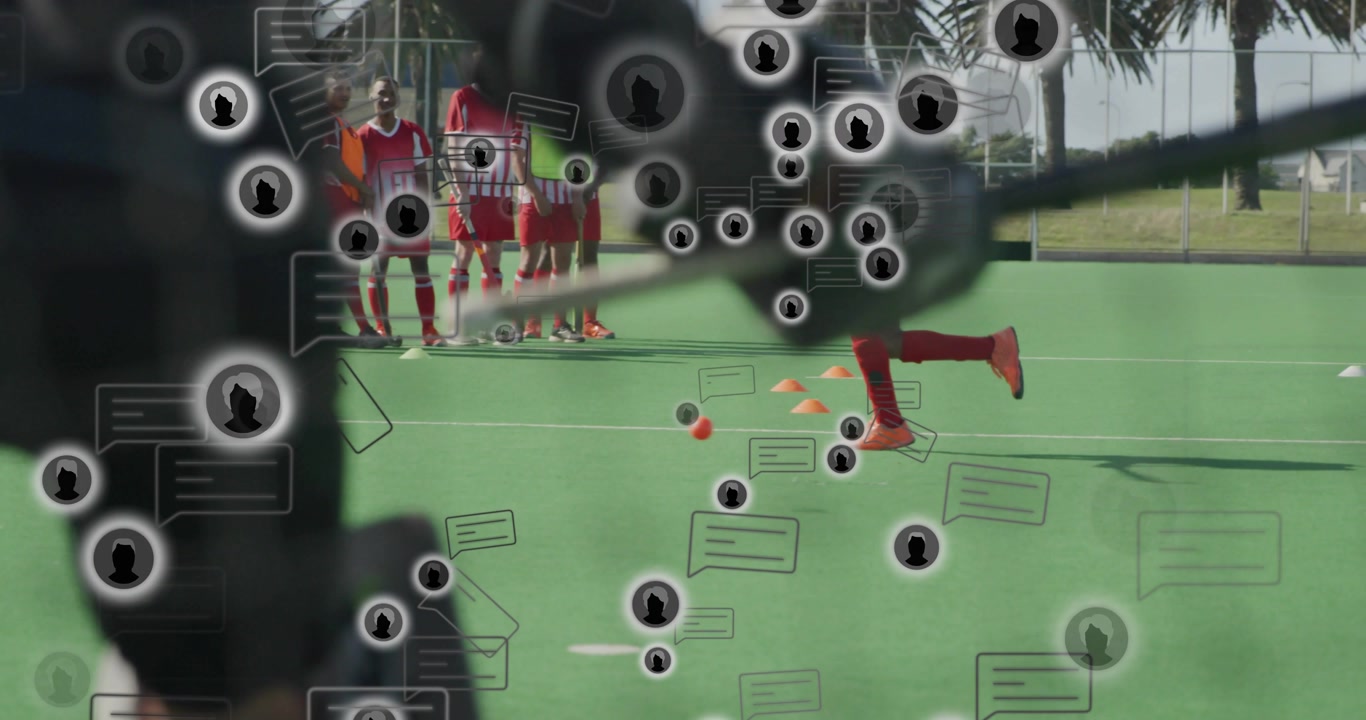 Whistle blowing athlete slaloming cones in hockey, camera operator adjusting nodes intensifying
