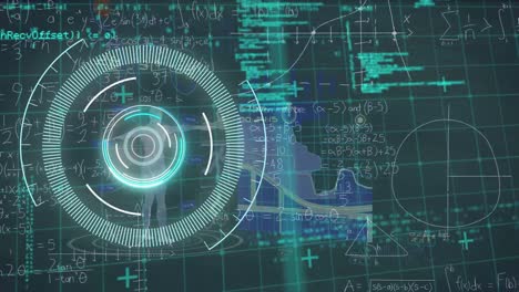 Animation of neon round scanner, data processing and mathematical equations on blue background