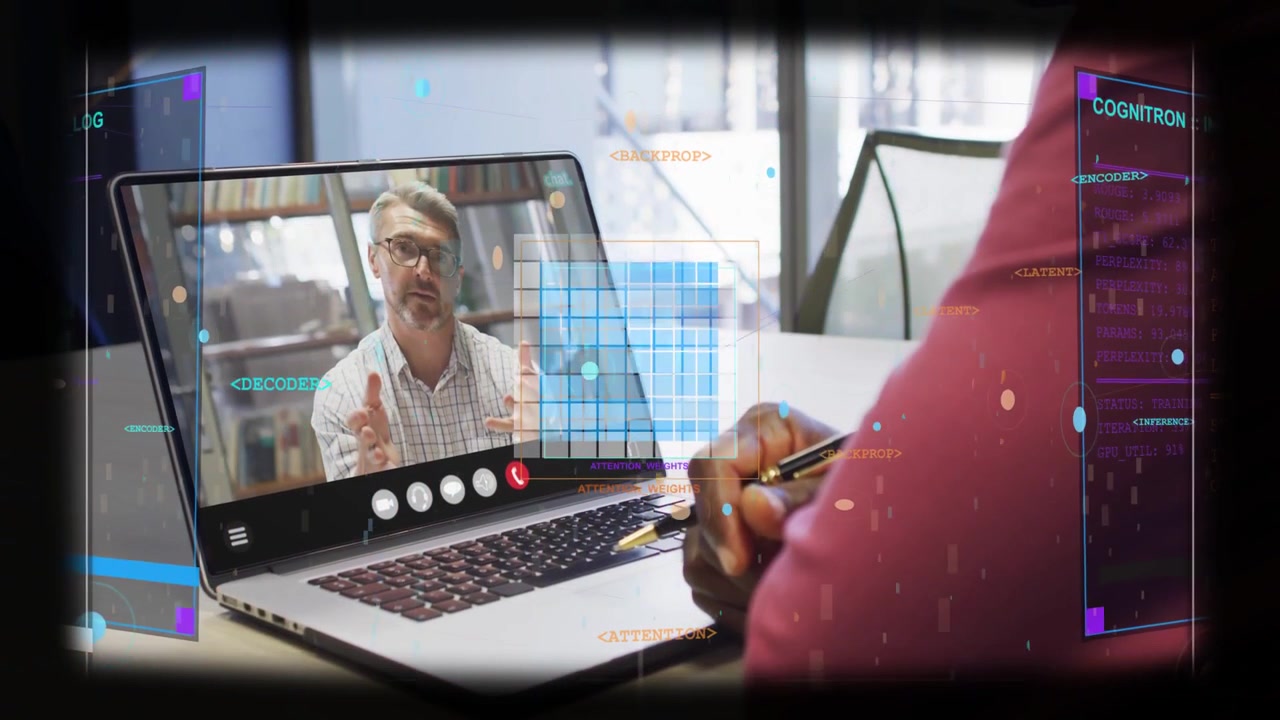 Talking remote speaker starting talk on laptop at desk, maroon colleague writing with pen, overlays