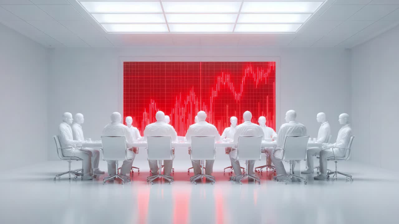 A corporate meeting focused on analyzing financial data with a red graph displayed prominently on the screen, illustrating the upward trend during a strategic discussion by business experts