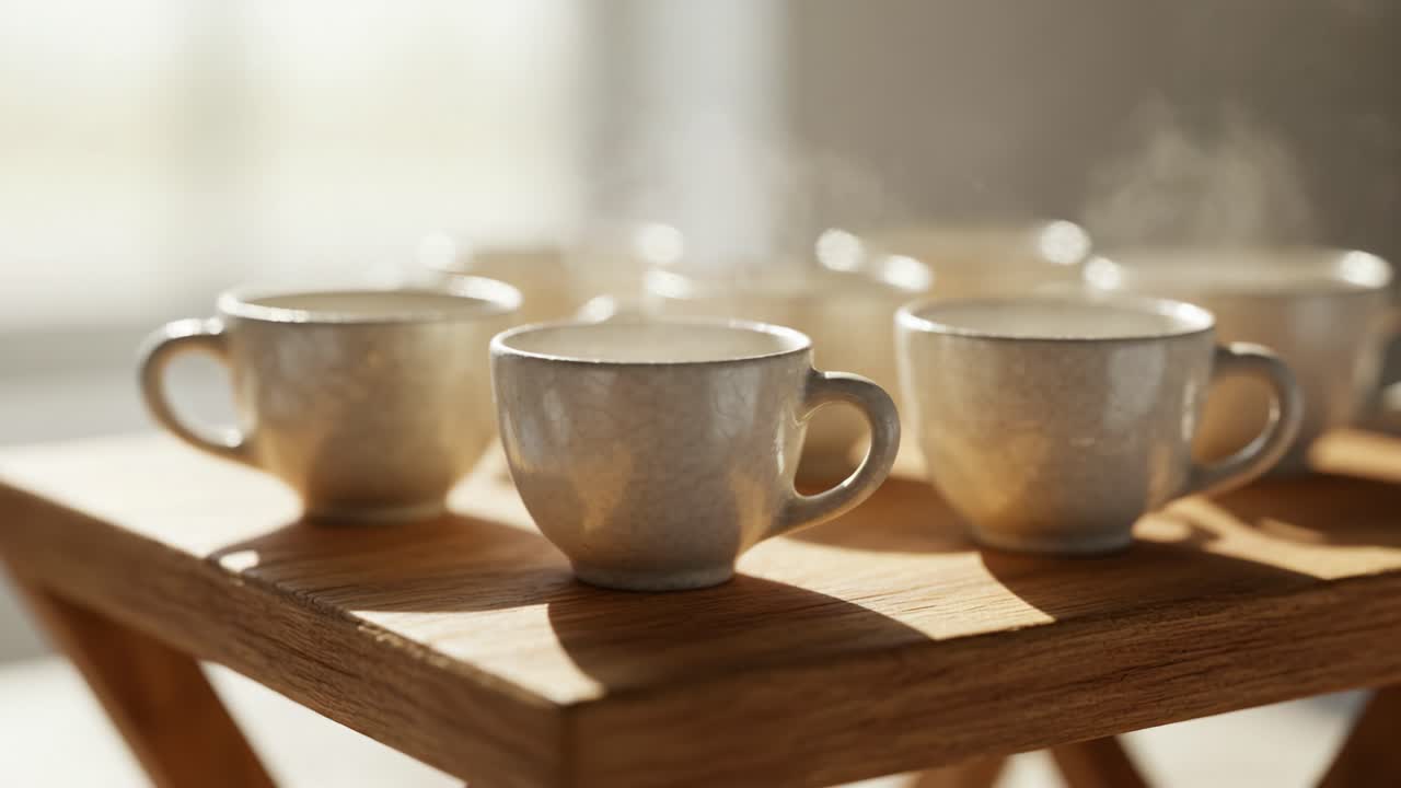 A Warm Embrace: Captivating Morning Scene Featuring Steaming Cups on a Rustic Wooden Table, Evoking Comfort and Serenity in a Sunlit Room