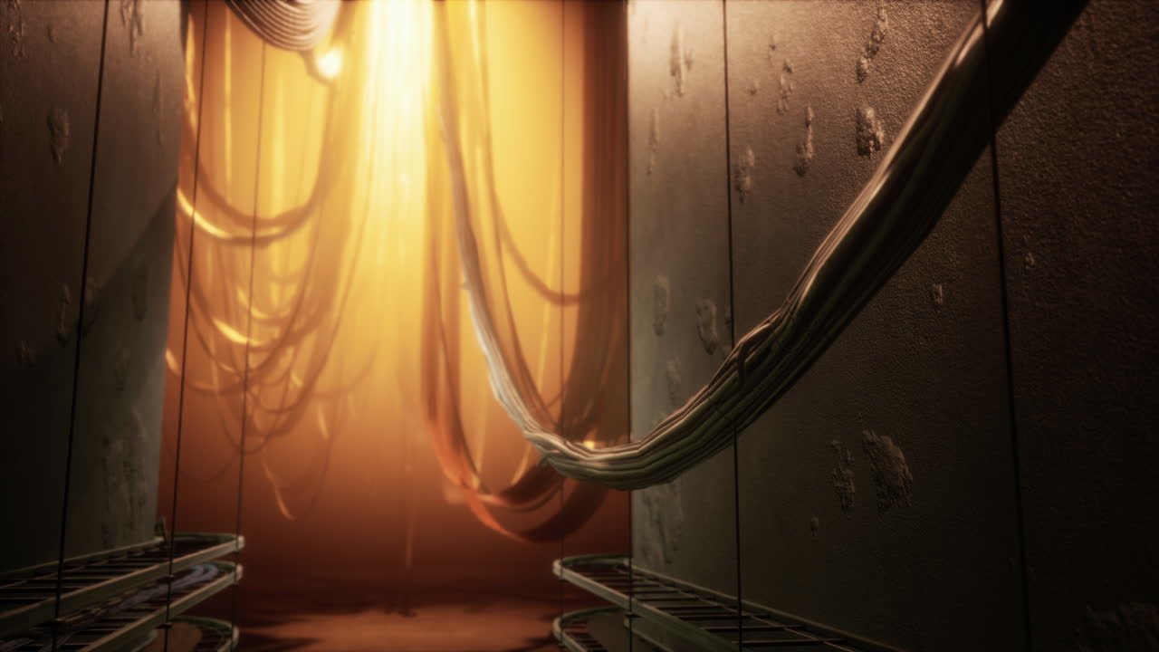 빛나는 전선과 케이블이 있는 어고 신비로운 미래의 복도