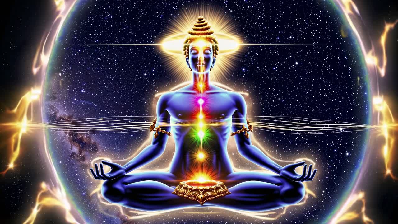 Cosmic yogi meditating in the vast universe, showcasing visible seven chakras while surrounded by twinkling stars and vibrant nebulae, radiating a bright golden halo of energy