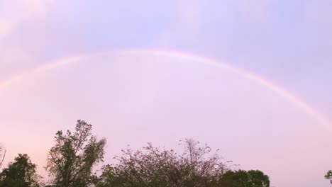 Full-vivid-rainbow-fills-pink-sky-overhead-after-storm,-slow-pan