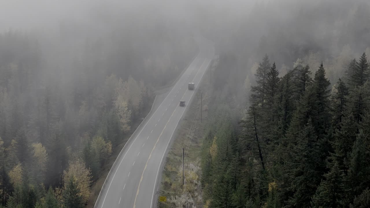 Bird's Eye Glimpse of Fog-Covered Highway 24 in Autumn neat Little Fort