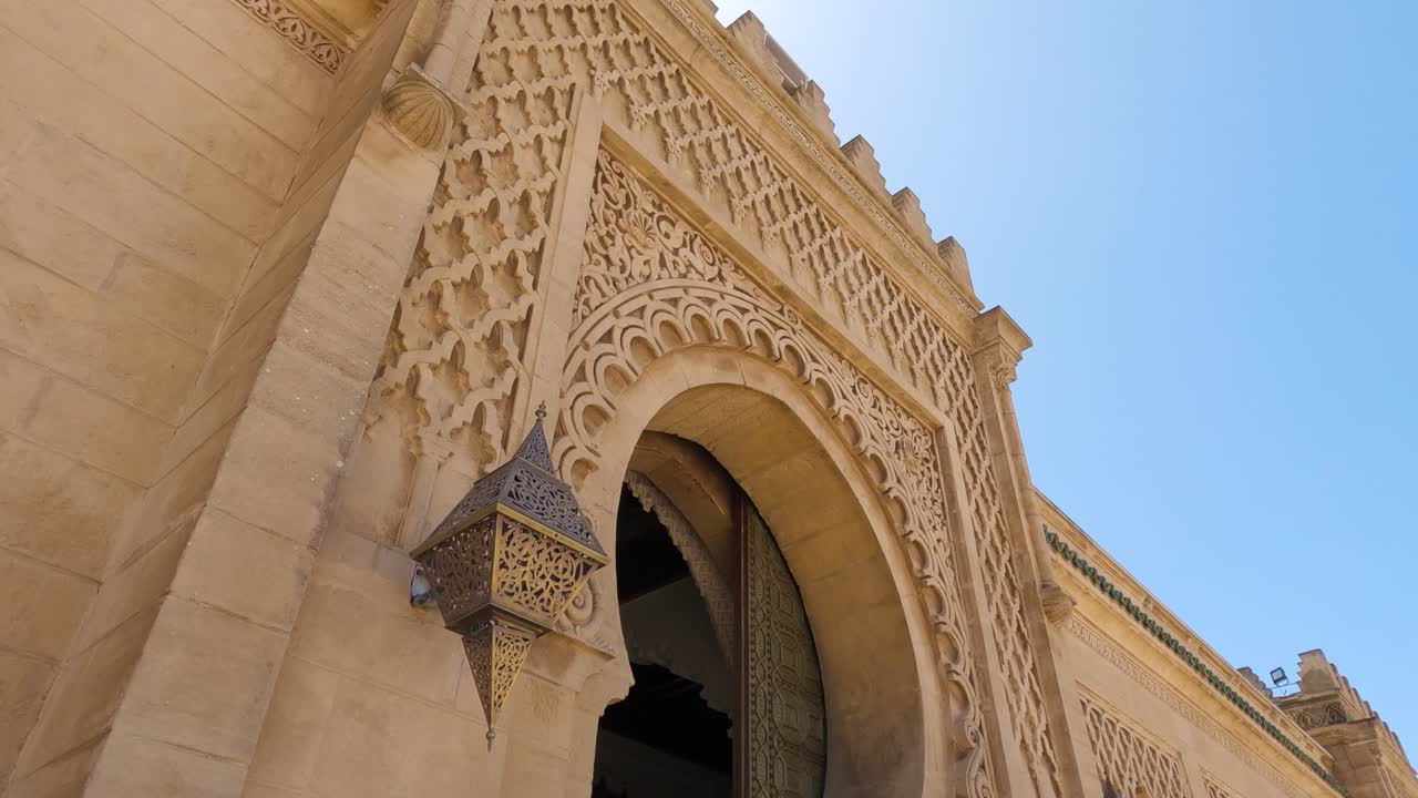 Entrance to Al Hassan Mosque in Rabbat, Morocco, horseshoe arch doorways