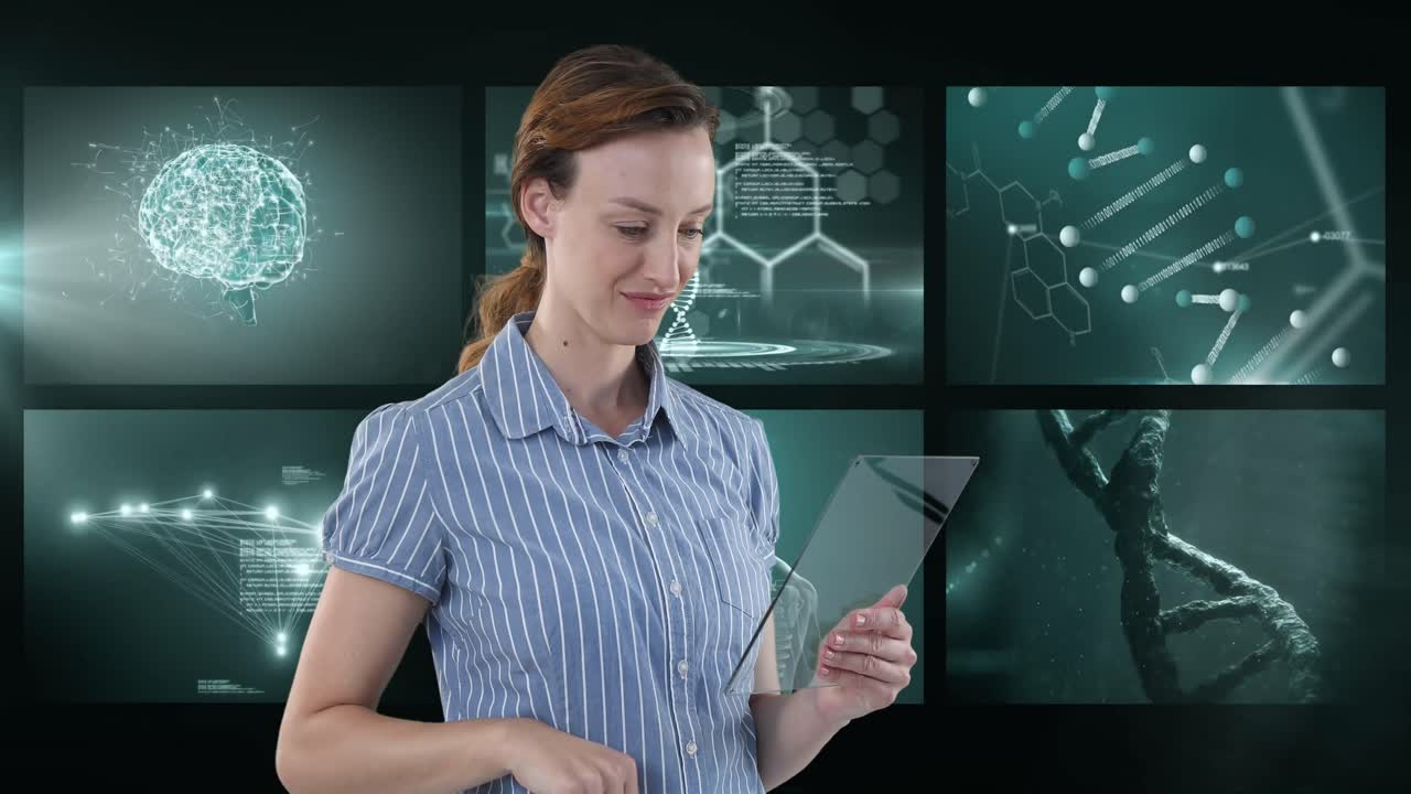 animación de una mujer de negocios que usa una tableta sobre pantallas con procesamiento de datos médicos