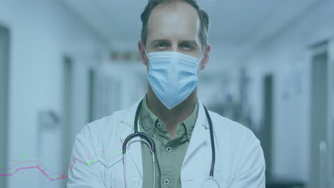 animation of diagram over caucasian male doctor with face mask