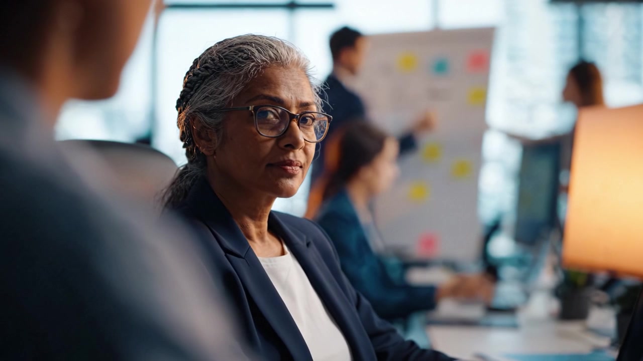 Focused Professional Woman Observing Team Dynamics in a Modern Office Environment with Collaborative Atmosphere and Strategic Discussions Taking Place.