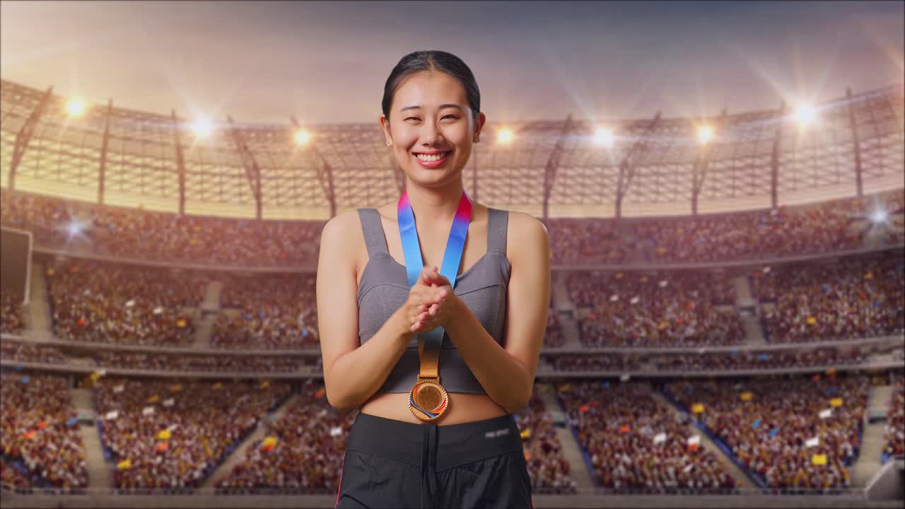 Happy Athlete with Gold Medal in Stadium