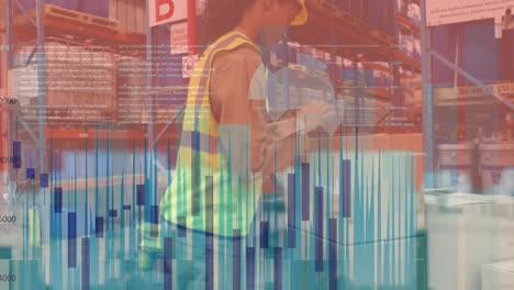 animación del procesamiento de datos financieros sobre una trabajadora afroamericana en un almacén