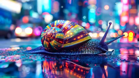 a colorful snail sitting on top of a puddle of water