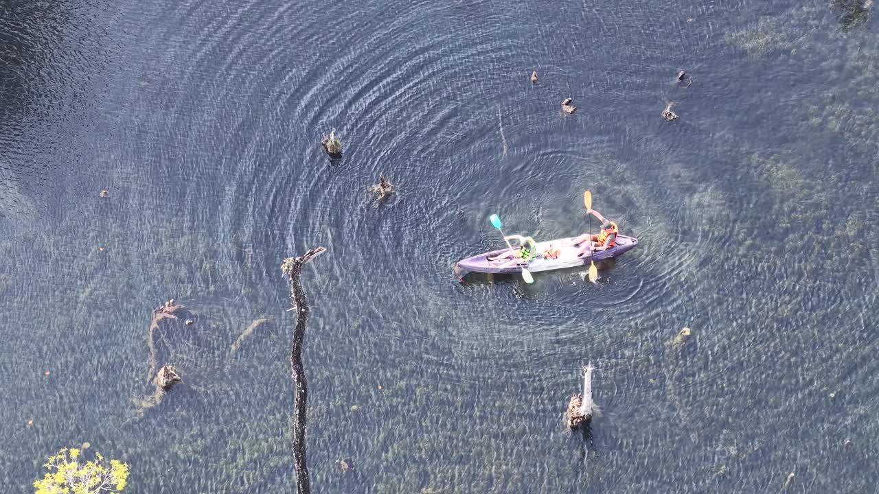 A high-angle drone shot captures tourists paddling a kayak through clear water with submerged trees