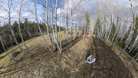 top down of red haired man in an aspen tree forest in utah