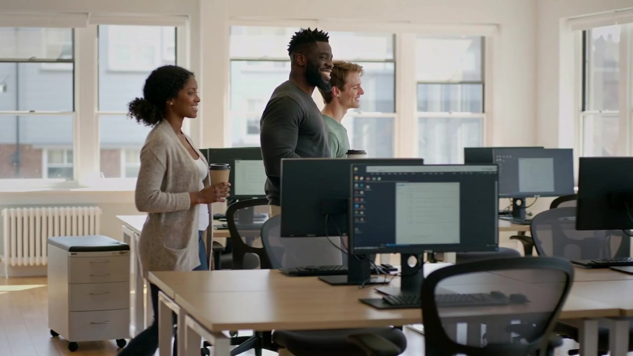 Walking team in casual wear entering left holding coffee cups, passing monitors across office