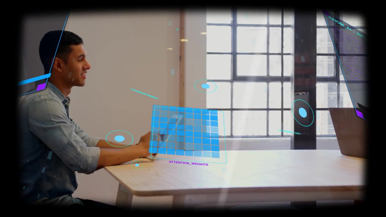 Left coworker tapping tablet and initiating AR grid between them, both reviewing business data