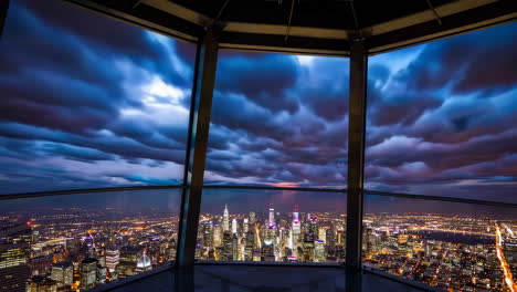 cityscape view from a tower at dusk or dawn with dramatic clouds