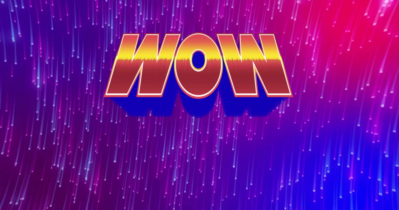 On playback start 3D WOW letters shifting to gold gradient with light streaks emphasizing motion