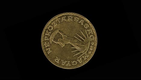 Hungary 10 forint 1985 obverse with Liberty Statue and sunburst, macro loop on black background