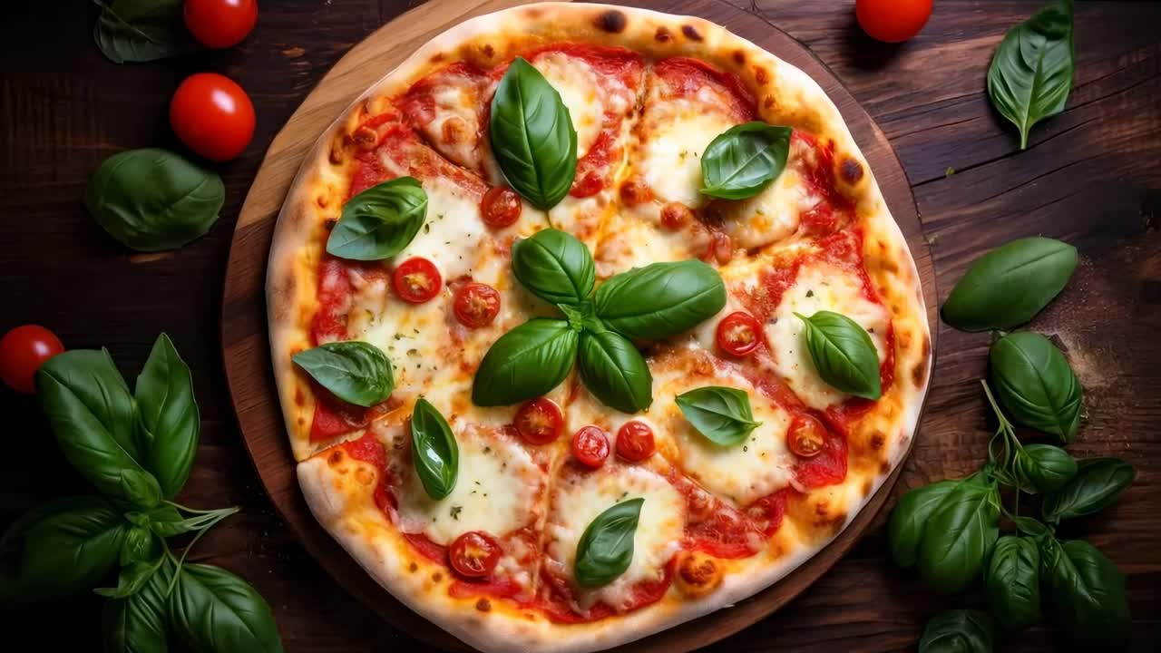 Vídeo gravado de cima para baixo de uma pizza Margherita fresca com manjericão e tomates cereja em uma mesa de madeira