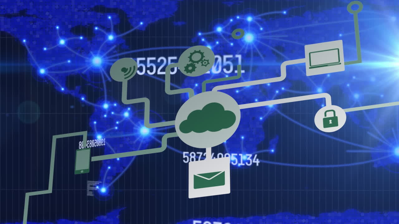 Animation of world map with network of connection and data processing