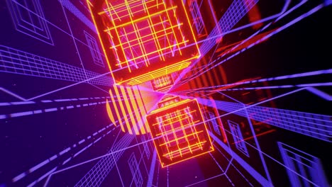 renderizado 3d, fondo geométrico abstracto, luz ultravioleta fluorescente, líneas de neón brillantes que giran dentro del túnel, espectro azul rojo rosa púrpura, formas que giran alrededor, animación en bucle video de stock