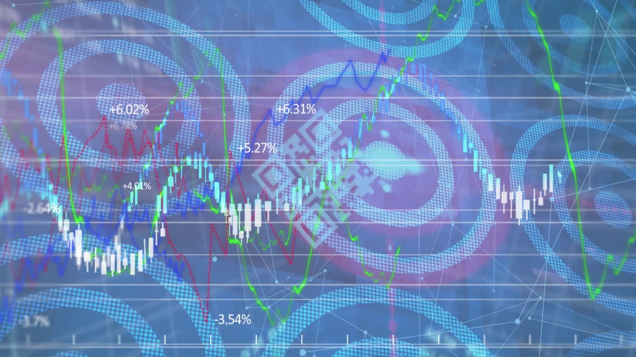 하 ⁇  빨간 원 위에 그래프 데이터와 정보와 함께 떠있는 다채로운 qr 코드의 애니메이션