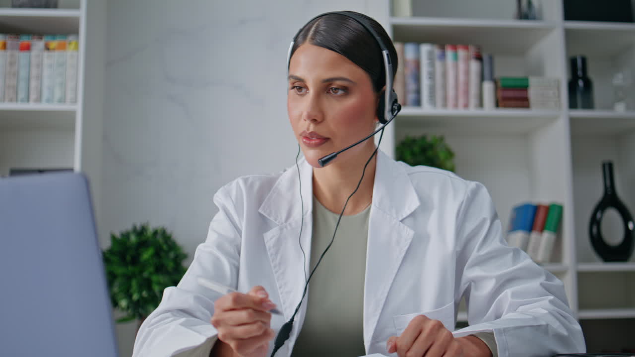 Clinic consultant talking headset providing customer service in clinic closeup