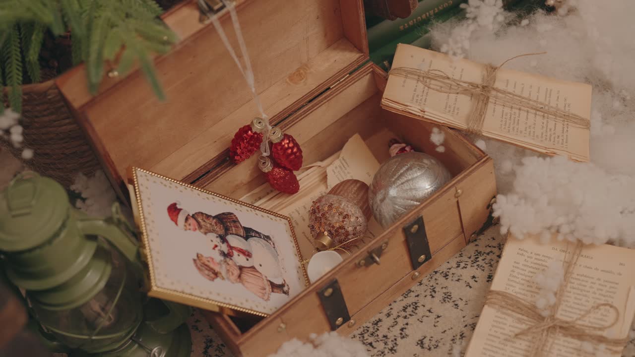 Rustic box filled with ornaments postcards and tied antique pages