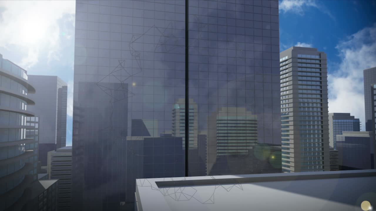 Animação de rede de conexões girando sobre fundo de paisagem urbana.