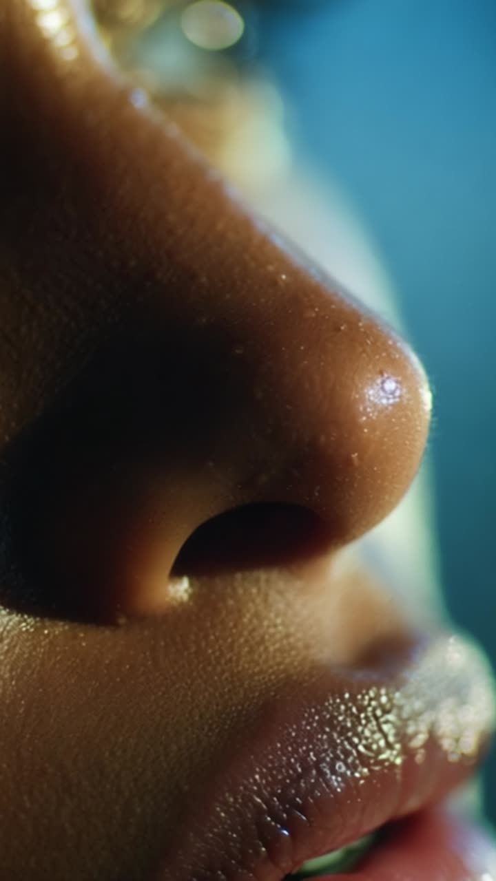 Close-Up of Beautifully Highlighted Facial Features Showcasing Smooth Skin and Subtle Shimmer, Emphasizing the Beauty of the Human Physique in Stunning Detail