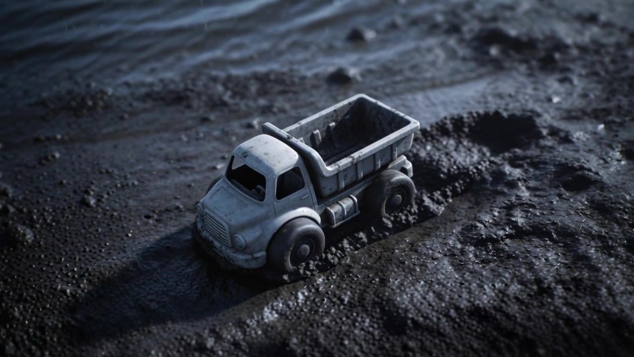 Rolling small gray toy dump truck inching forward on muddy shoreline, mud giving way leaving tracks