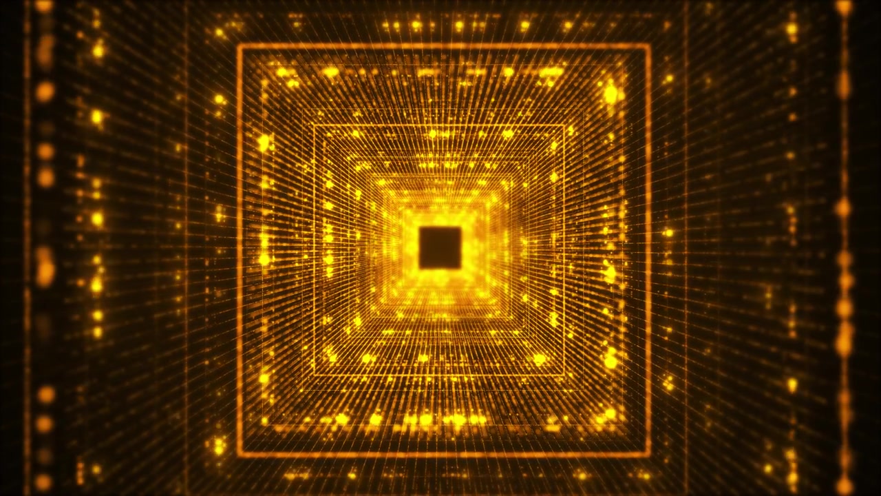 Golden square tunnel particle background with glowing grid depth bright center portal sparkling dots
